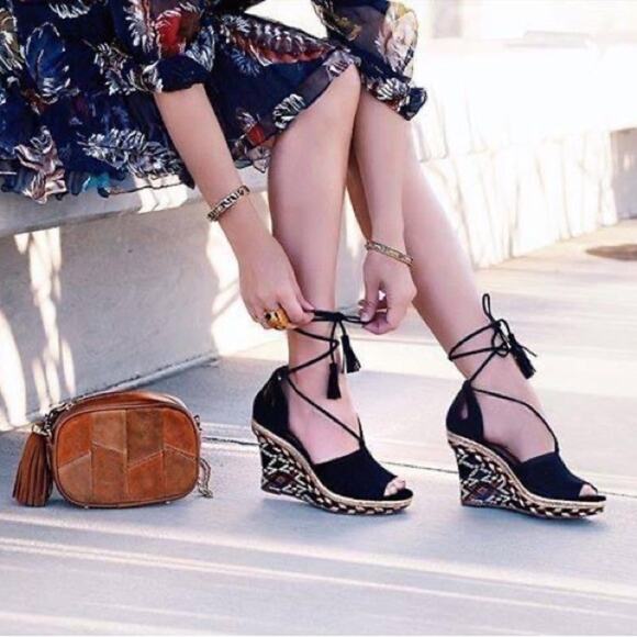 Cabi Isla Blue Suede Ankle Wrap Wedge Sandals Espadrille Southwestern Shoes 8 - Picture 1 of 15